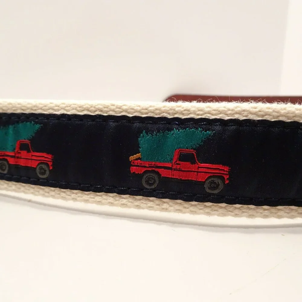 J. Crew Boys Crewcuts Christmas Tree Red Truck Canvas Leather Belt Size S Brown